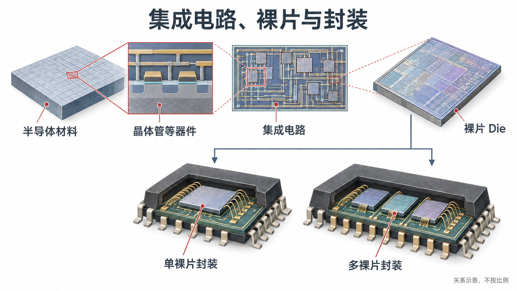 半导体材料、器件和集成电路的放大关系，以及一片裸片和三片裸片的两种封装示例。