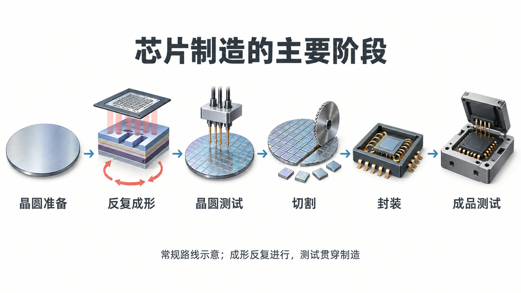 晶圆准备、反复成形、晶圆测试、切割、封装和成品测试六个阶段，成形环节标有循环箭头。