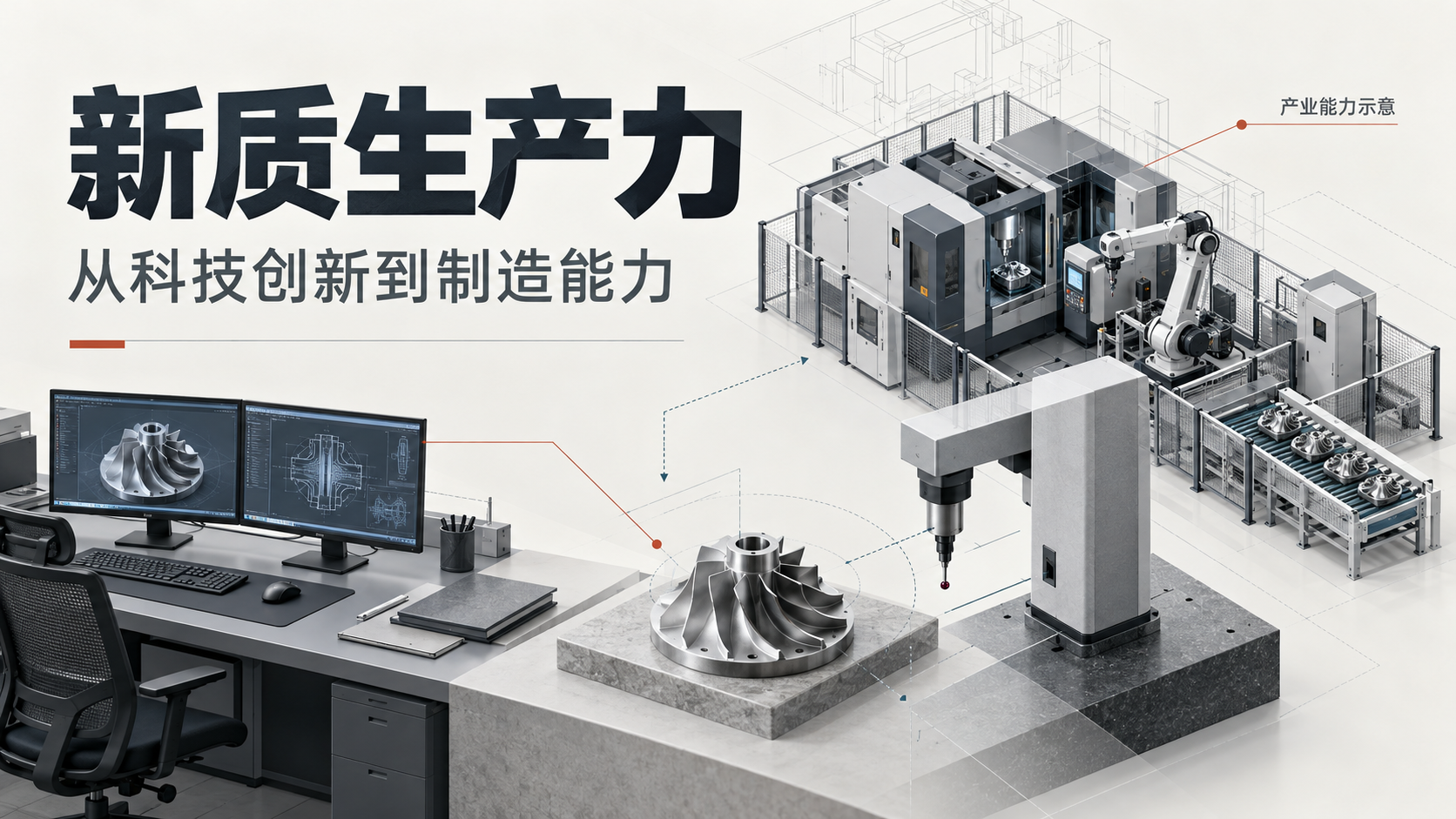 设计工作站、生产单元、零件和测量设备组成工业场景，配有从科技创新到制造能力的文字。