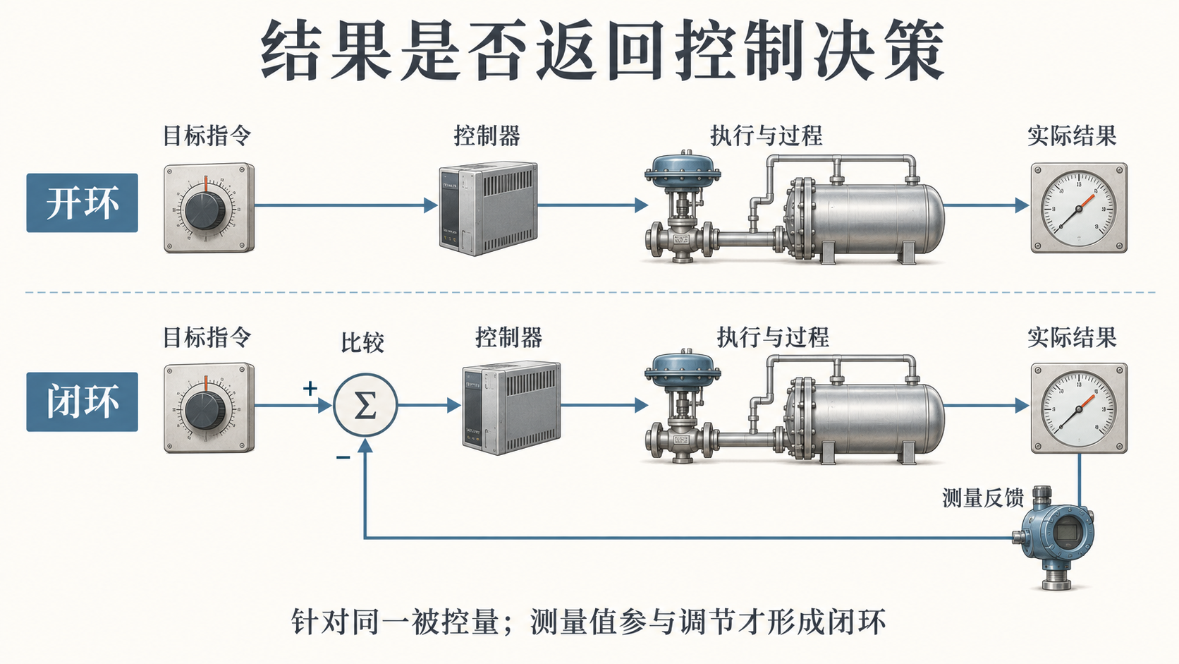 上行开环由目标指令经控制器和执行过程得到结果;下行闭环增加从实际结果经测量反馈返回比较点的负反馈通路