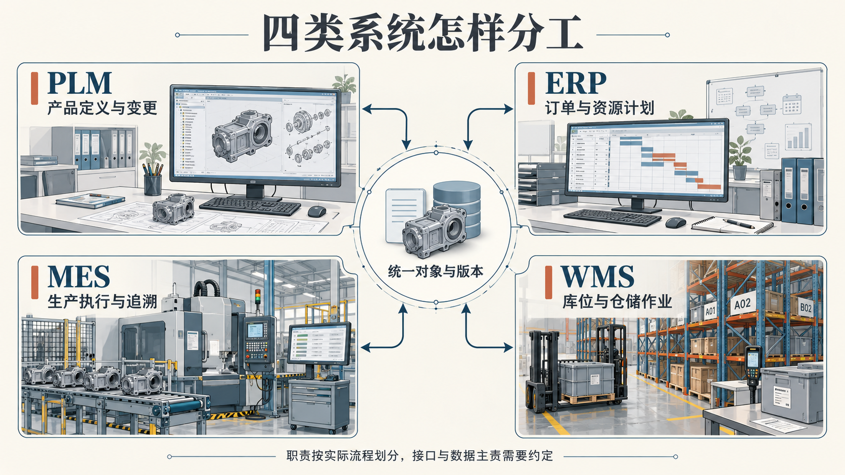 PLM、ERP、MES、WMS四类职责围绕统一对象与版本相互关联，配有设计、订单、工位和仓储示意