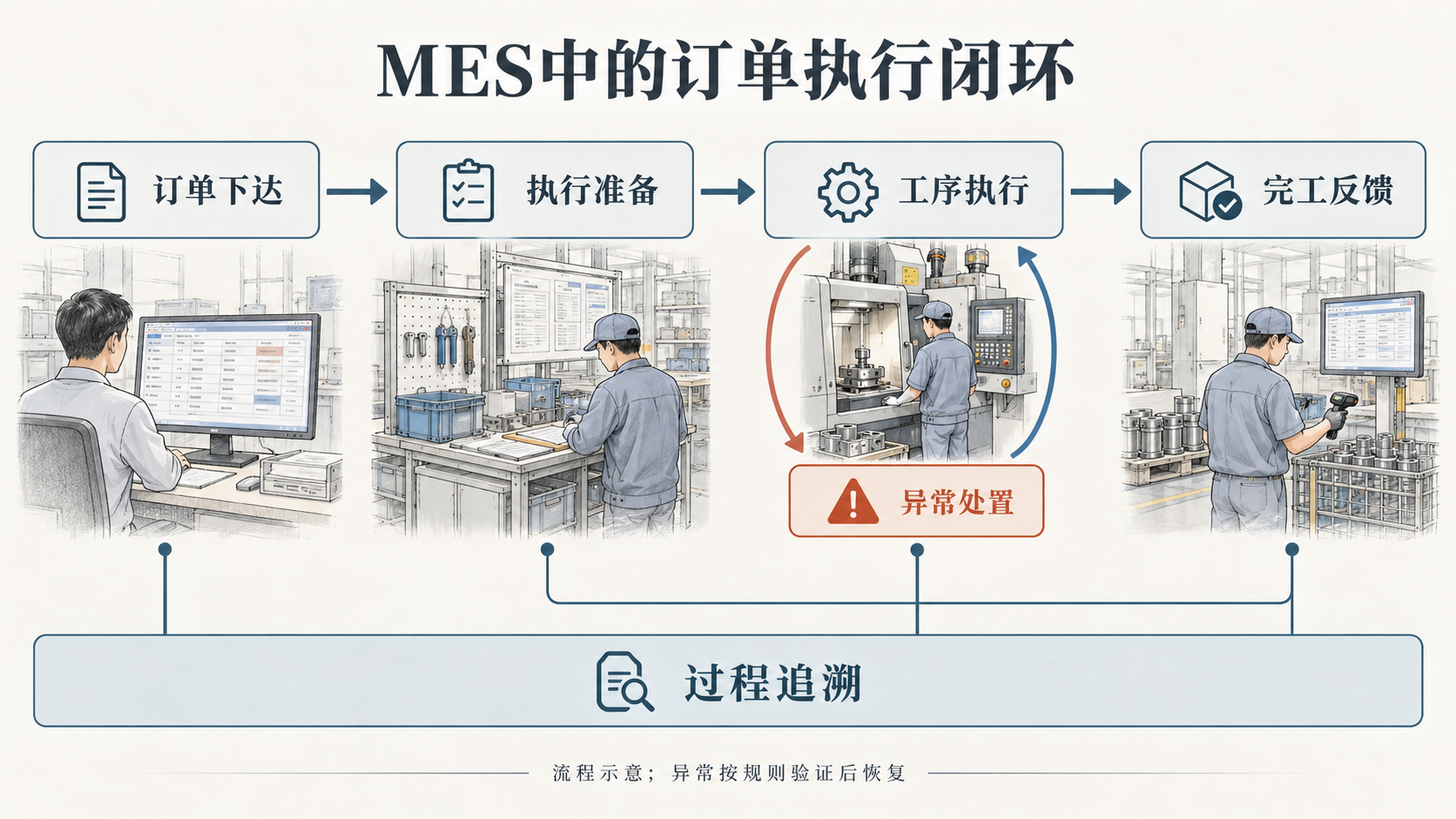 订单下达经过执行准备进入工序执行再到完工反馈，异常处置与工序执行形成回路，底部过程追溯贯穿各阶段。