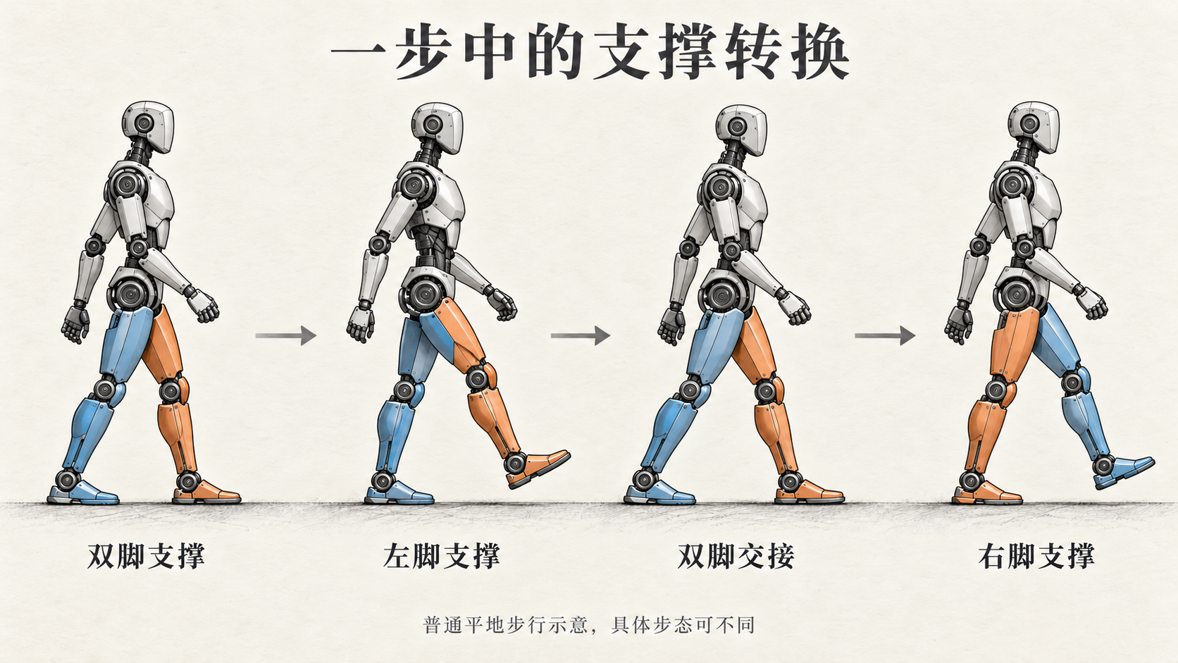 四个连续阶段依次展示双脚支撑、左脚支撑右脚前摆、双脚落地交接、右脚支撑左脚前摆。