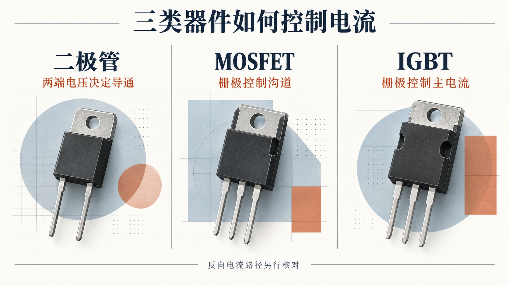 二极管由两端电压决定导通，MOSFET和IGBT由栅极控制；反向电流路径需单独核对