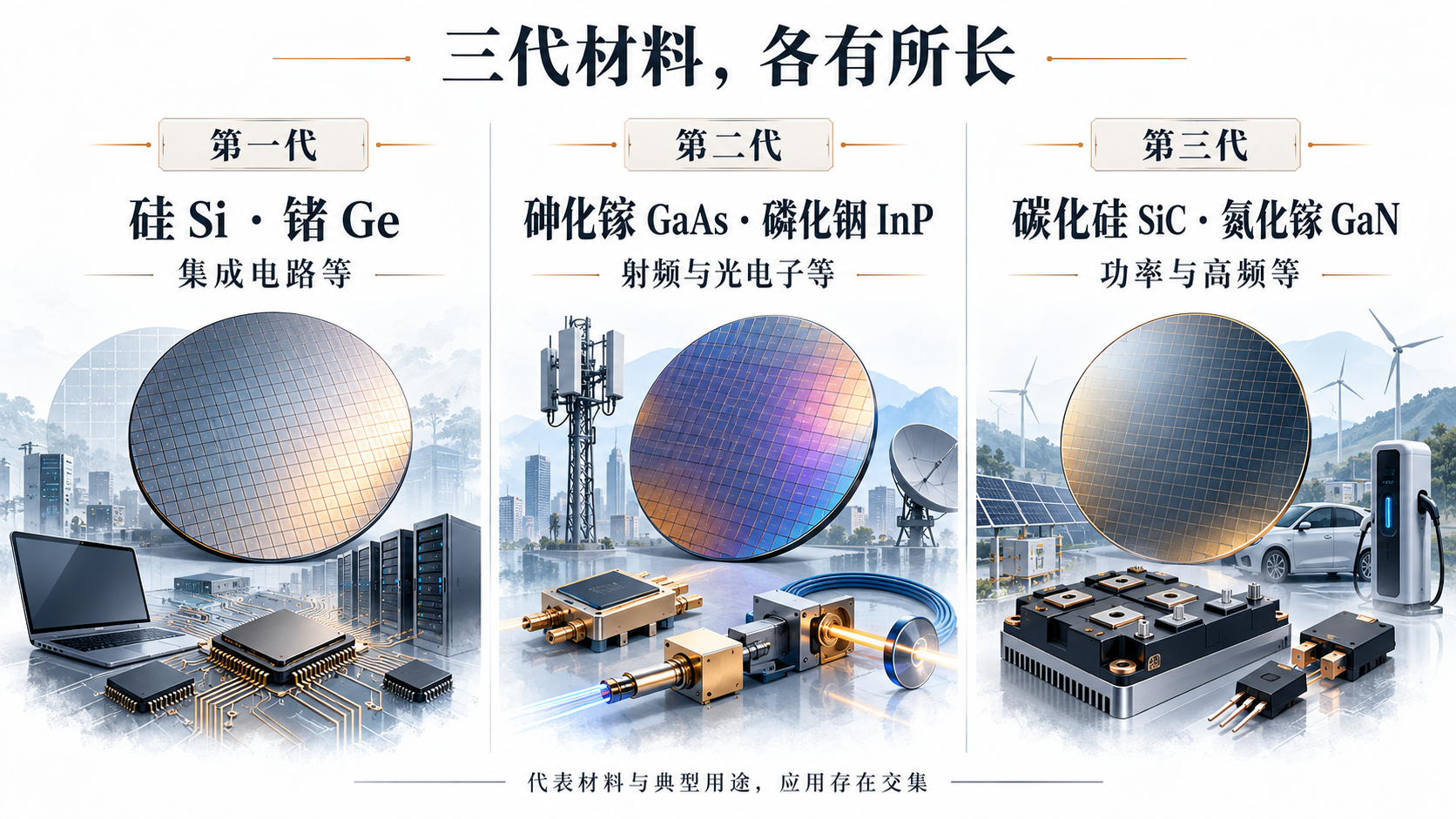 硅锗、砷化镓磷化铟、碳化硅氮化镓三组代表材料并列，显示典型应用及共存关系