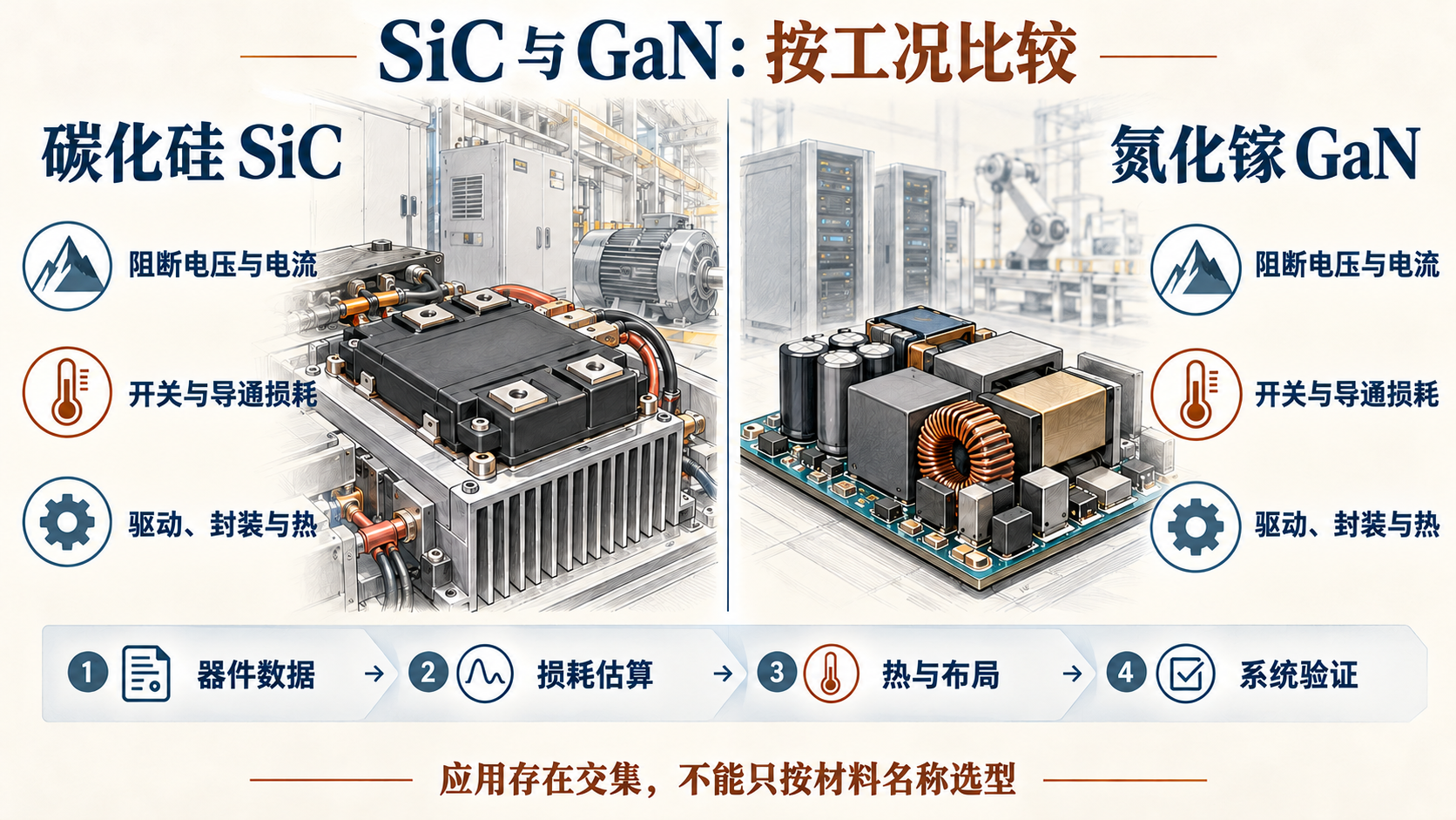SiC与GaN两列采用相同的阻断电压电流、损耗、驱动封装散热维度,下方列出数据、估算和系统验证步骤