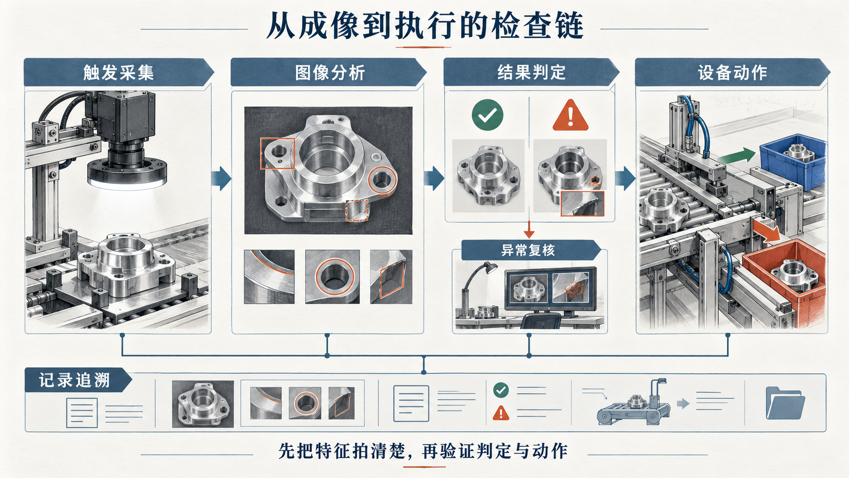 触发采集、图像分析、结果判定和设备动作依次连接，异常复核分支及记录追溯贯穿流程