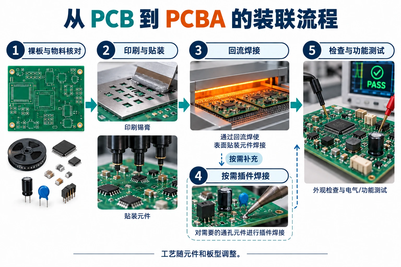 从裸板与物料核对,经印刷贴装和焊接,到检查及功能测试的PCBA装联流程