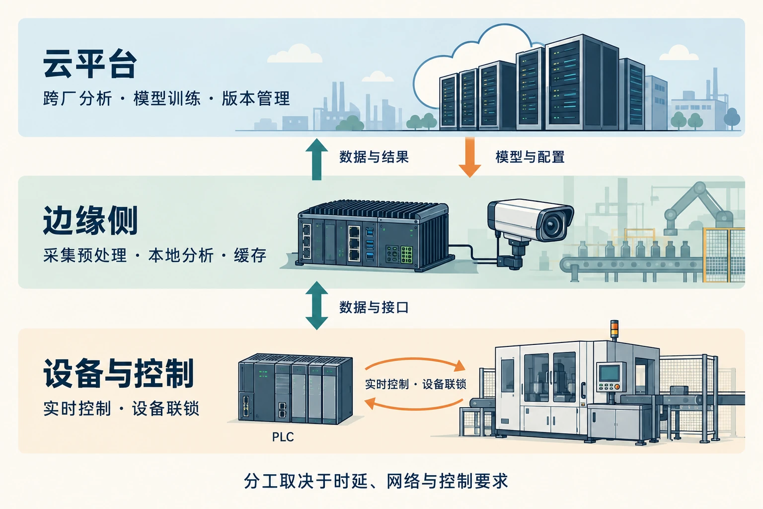 设备控制、边缘处理和云平台三层职责图，上行传递数据与结果，下行传递模型与配置，现场保持本地控制环