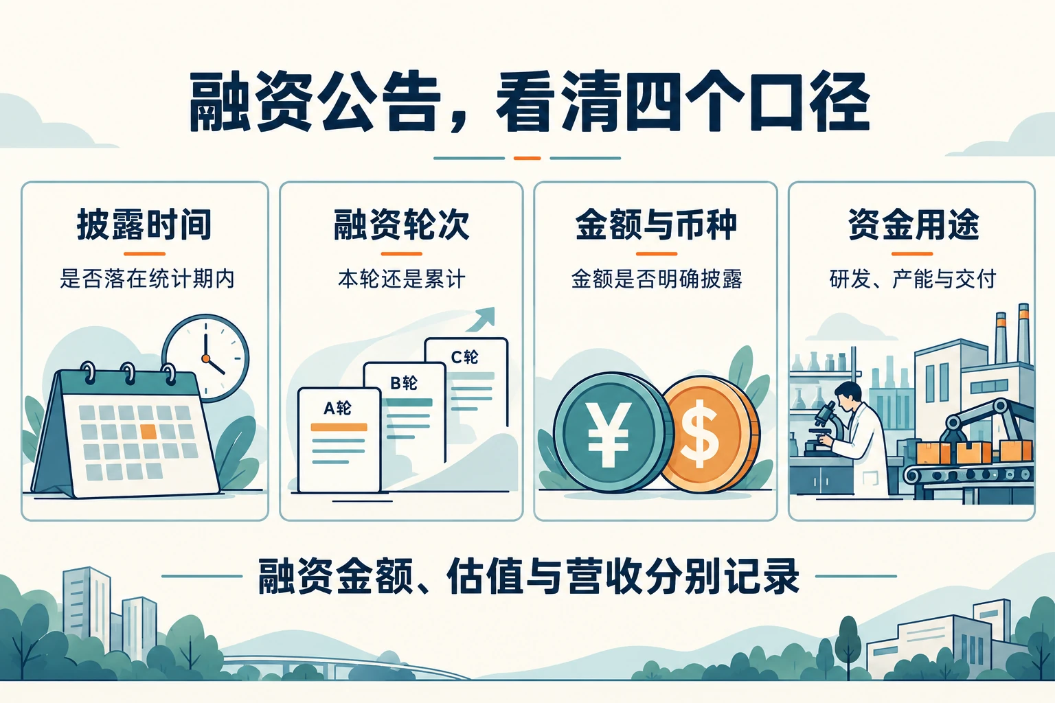 阅读融资公告时核对披露时间、融资轮次、金额与币种、资金用途的四项信息示意