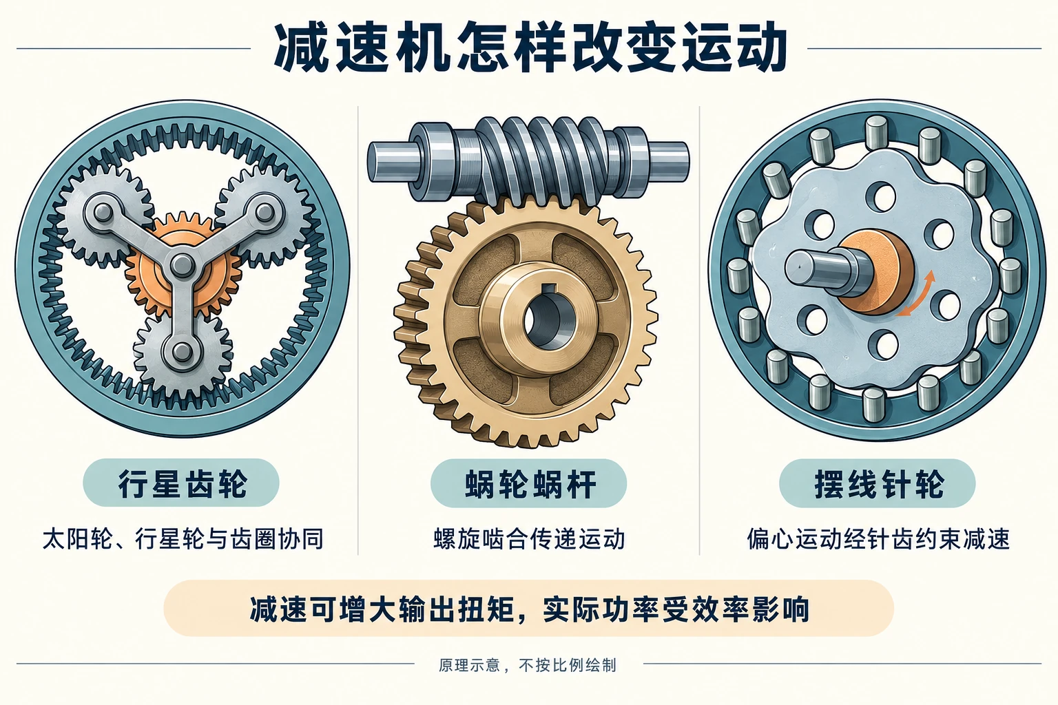 行星、蜗轮蜗杆与摆线针轮减速机构的传动原理对照示意