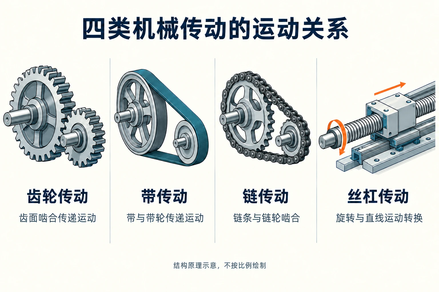 齿轮、带、链与丝杠四类传动的输入输出运动关系示意