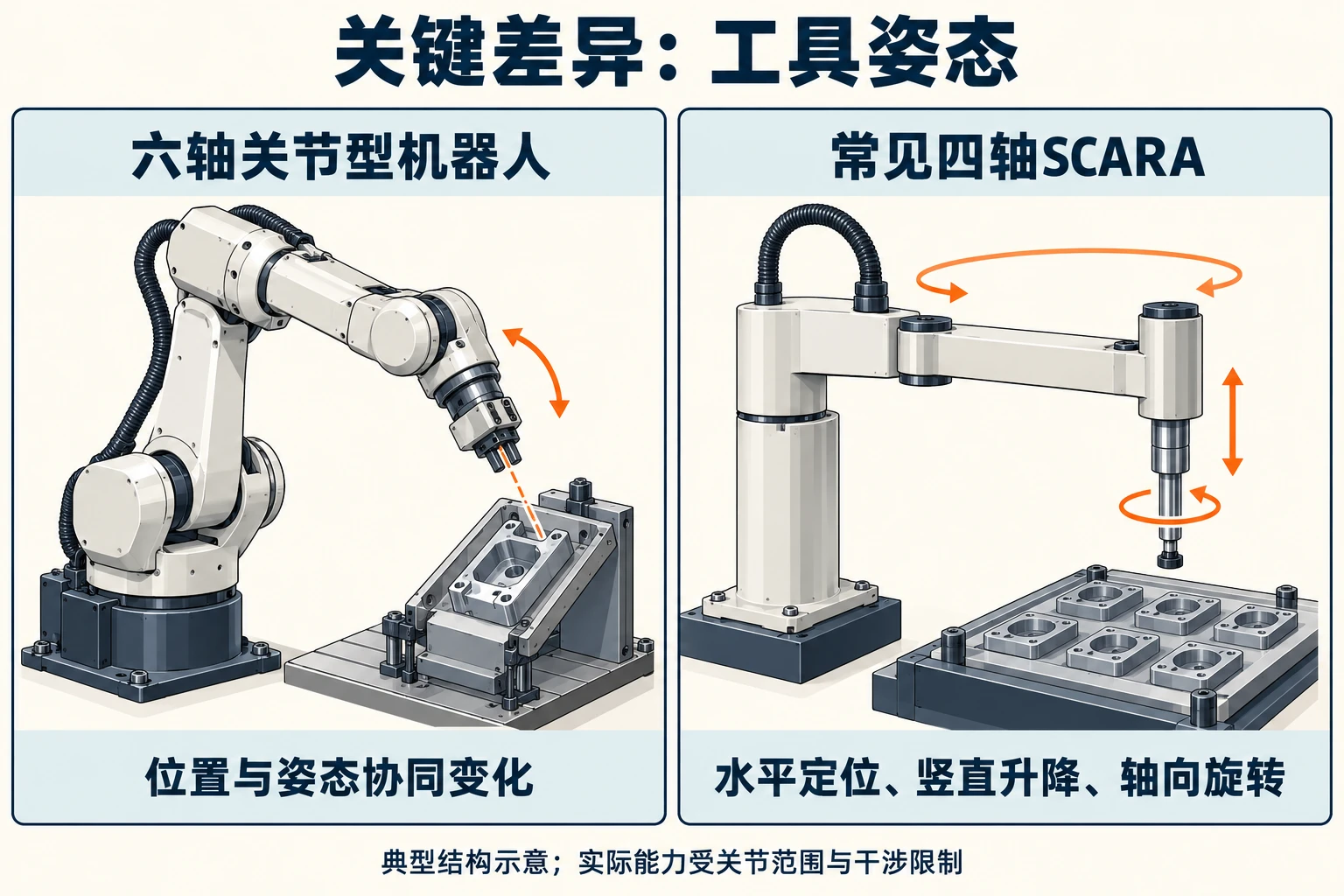 工具姿态对比：典型六轴机器人可改变工具倾角，常见四轴SCARA完成水平定位、竖直升降和绕竖直轴旋转