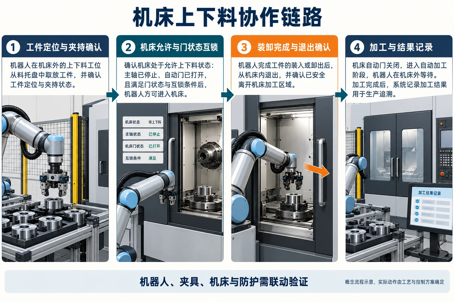 机床上下料链路：工件定位与夹持确认、机床允许与门状态互锁、装卸及机器人退出确认、加工与结果记录