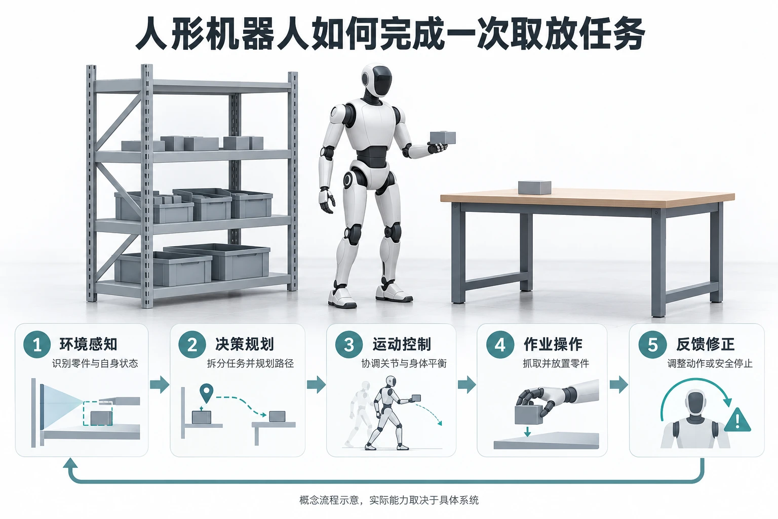 人形机器人取放零件的闭环流程：环境感知、决策规划、运动控制、作业操作和反馈修正