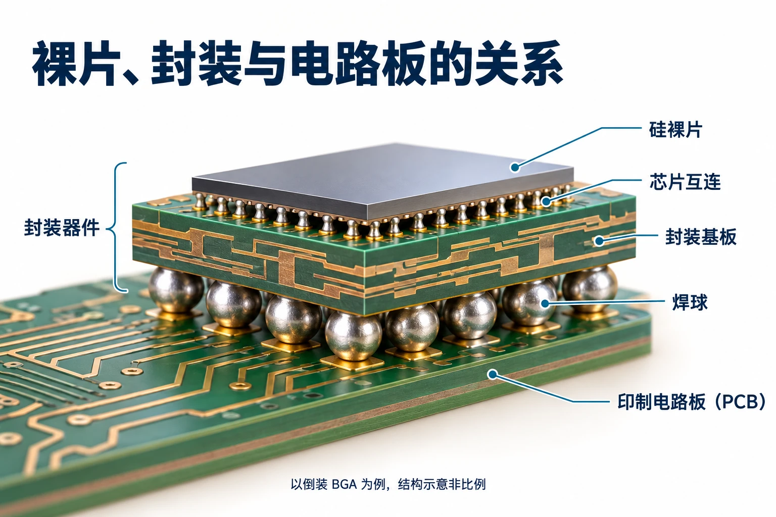 以倒装BGA为例的剖面图，区分裸片、微互连、封装基板、外部焊球与PCB