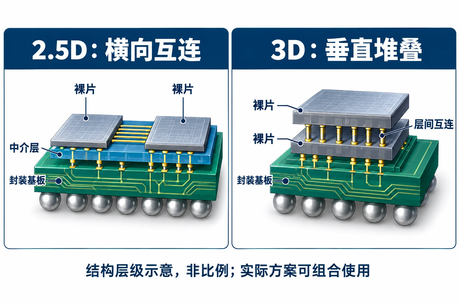 2.5D与3D裸片集成对照:左侧两片裸片并排通过中介层连接,右侧两片裸片上下堆叠互连