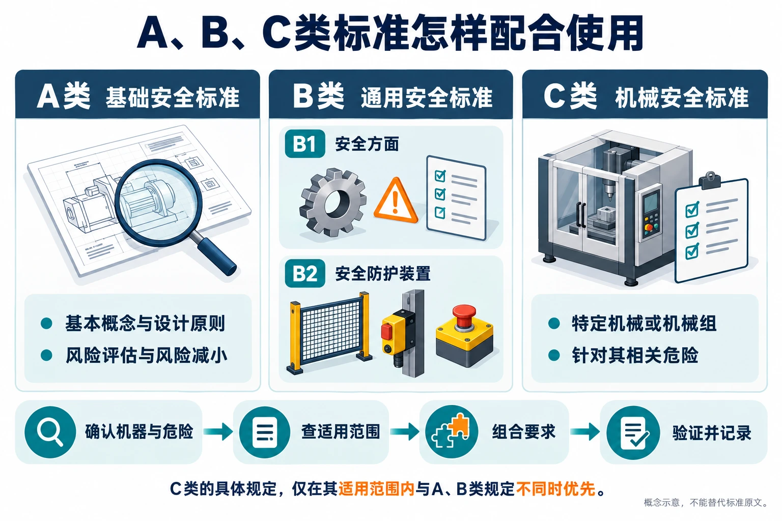 A类基础安全标准、B类通用安全标准与C类特定机械安全标准的并列分类及组合使用流程