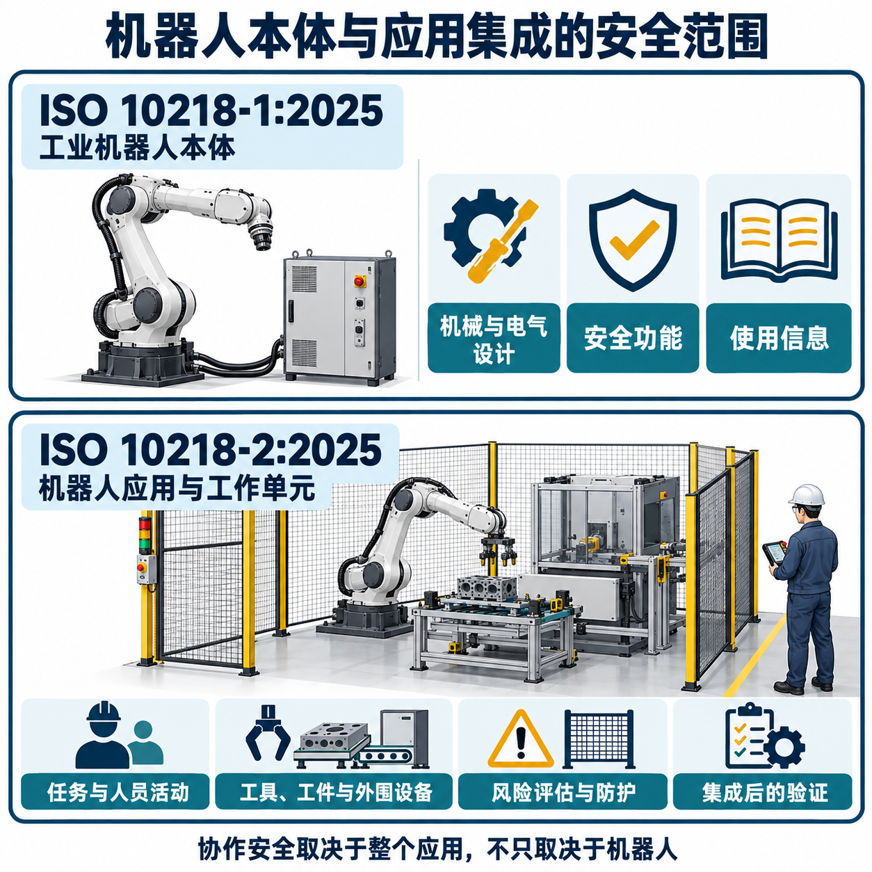 ISO 10218-1的机器人产品范围与ISO 10218-2的应用、外围设备、风险防护和集成验证范围对照示意