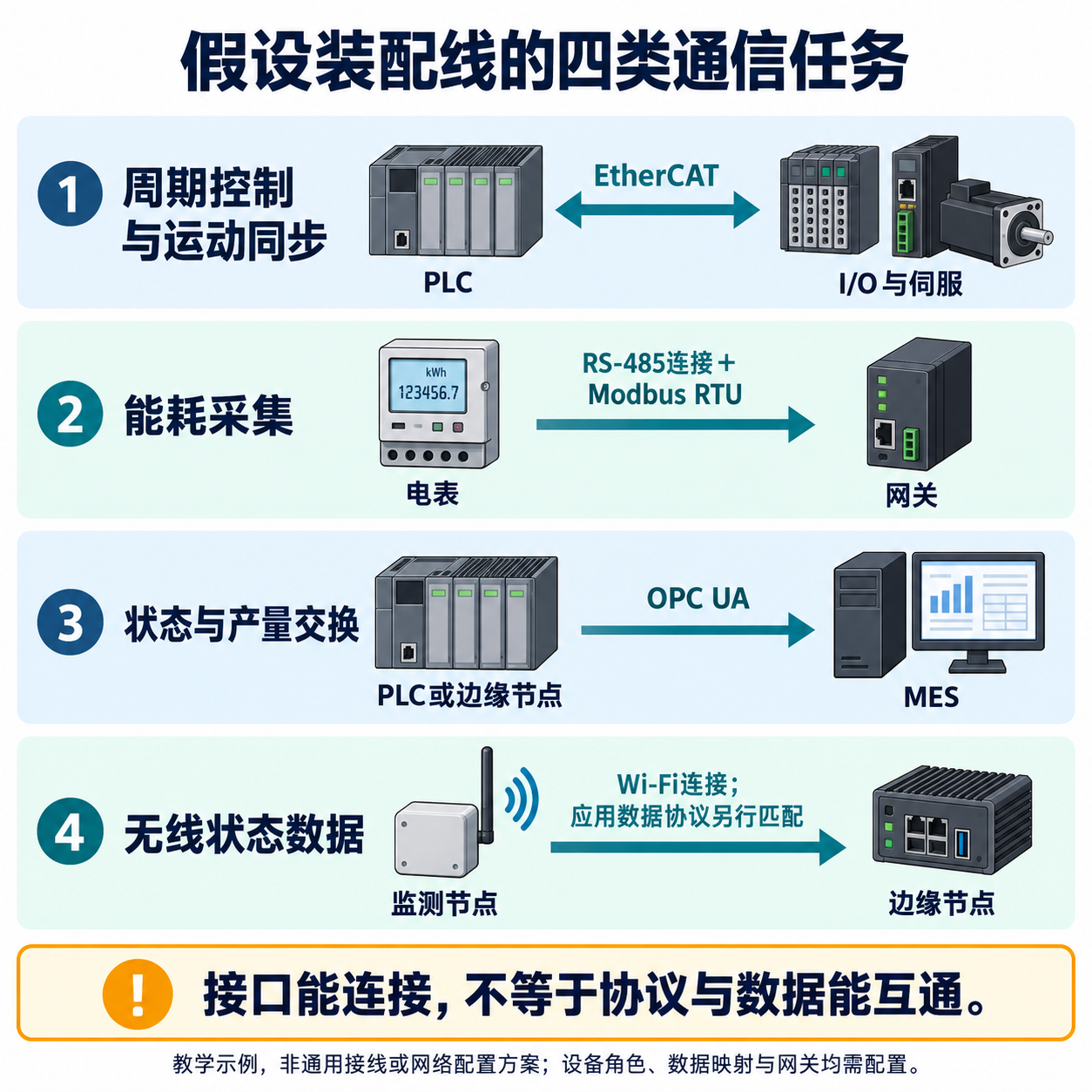 假设装配线通过EtherCAT交换控制数据、RS-485与Modbus RTU采集电表、OPC UA交换生产状态、Wi-Fi连接监测节点的四类任务示意