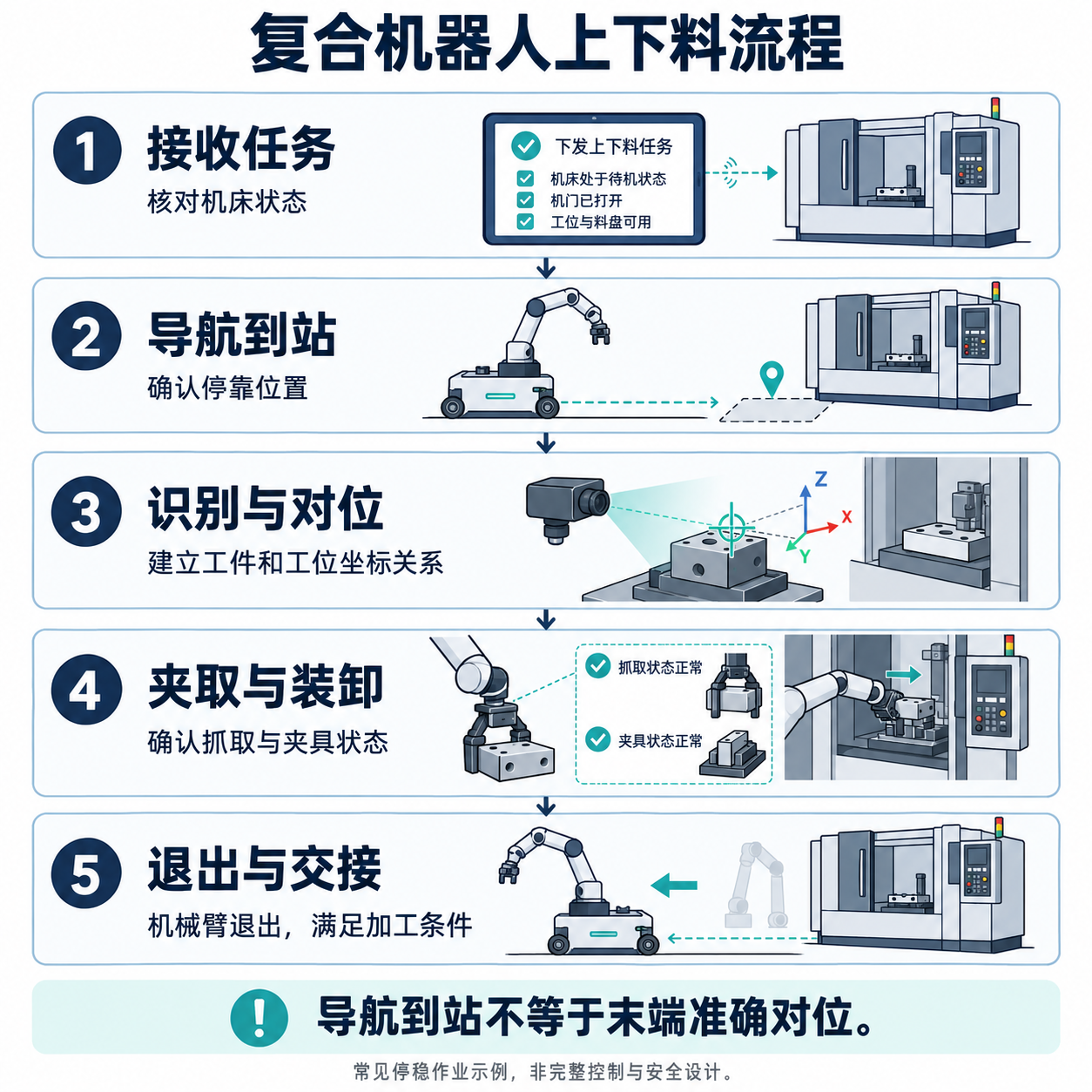 复合机器人接收任务、到站对位、夹取装卸与机床交接的流程示意