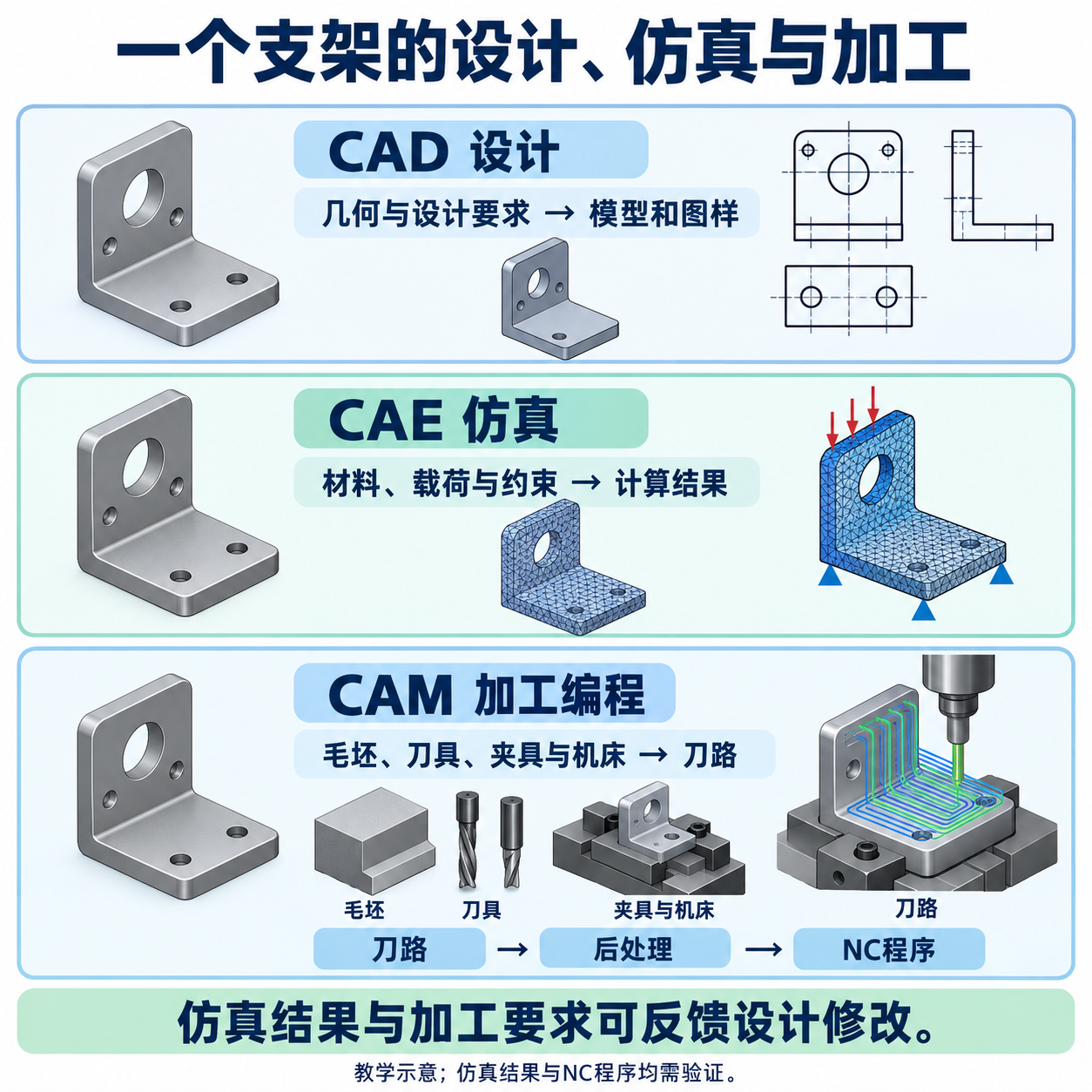 机加工支架在CAD、CAE与CAM之间传递模型、分析反馈和加工数据的示意