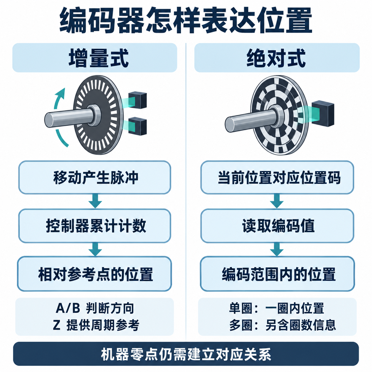 增量式通过运动脉冲累计位置,绝对式通过读取位置码获取编码范围内位置的流程对比