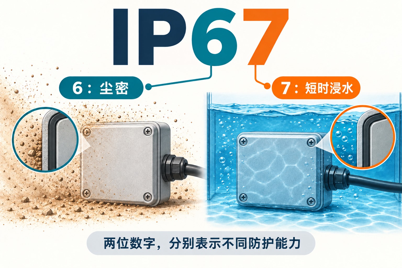 IP67代码拆分示意,第一位6对应防尘,第二位7对应短时浸水