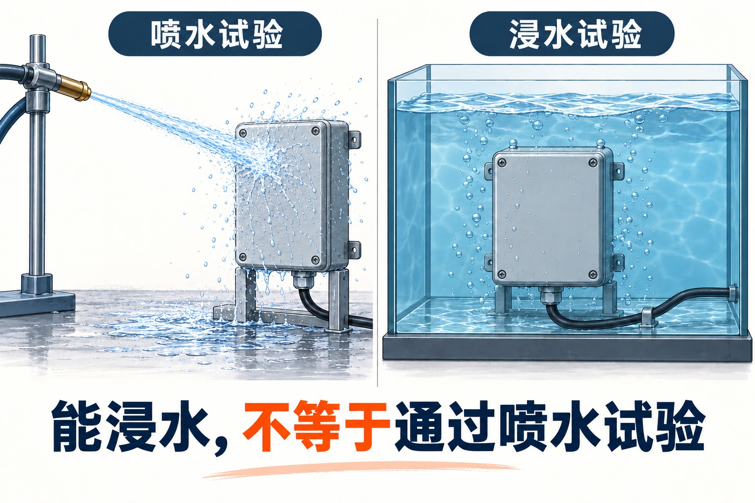 IP65喷水试验与IP67短时浸水试验的并列对照示意