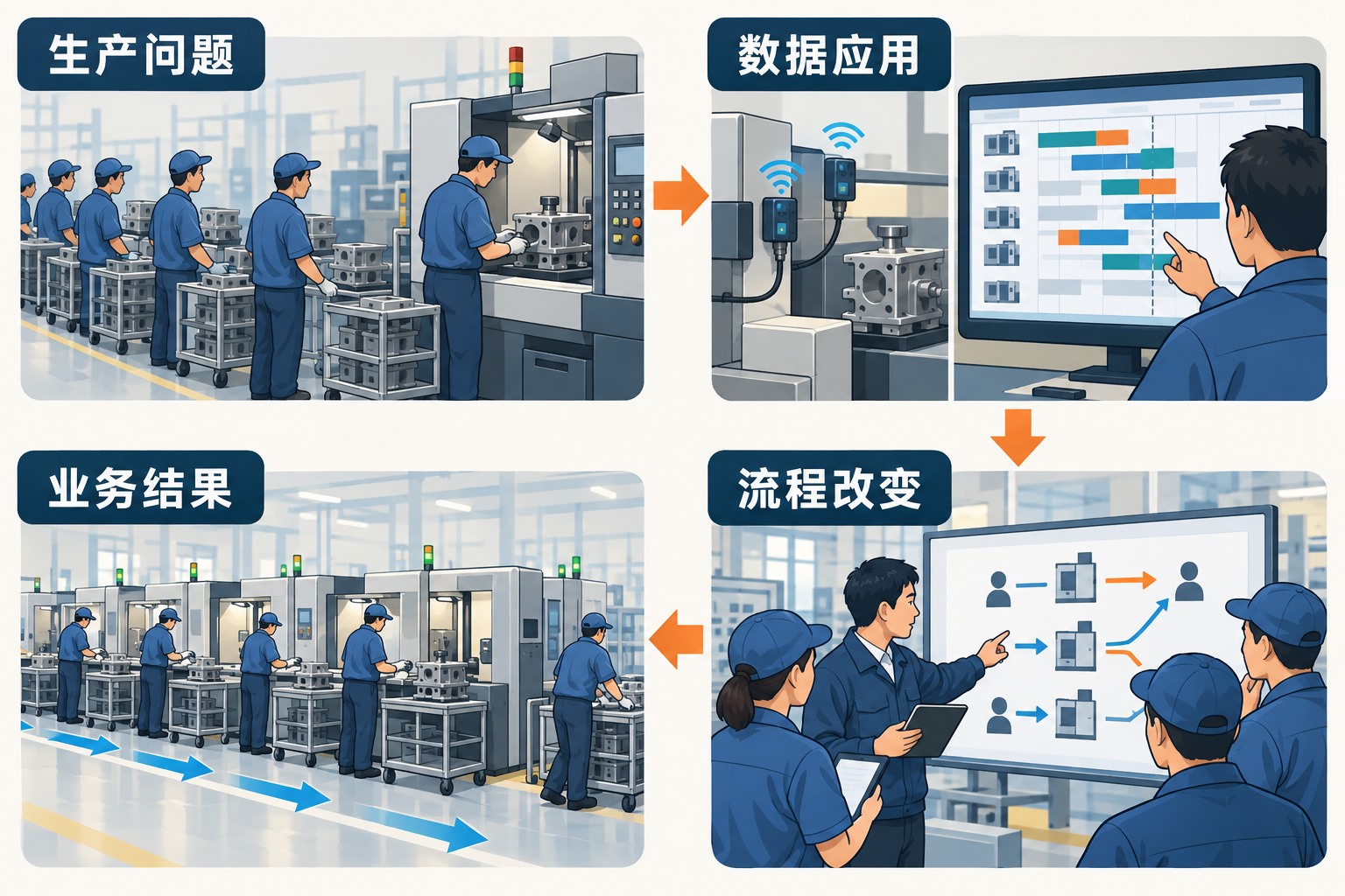 生产问题、数据应用、流程改变与业务结果四者之间的关系示意