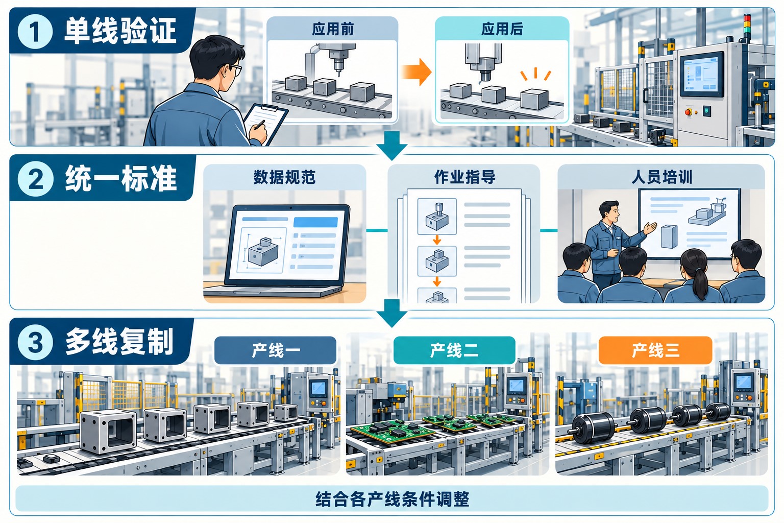 单线验证、统一标准、多线复制，并按各产线条件调整的扩展过程示意