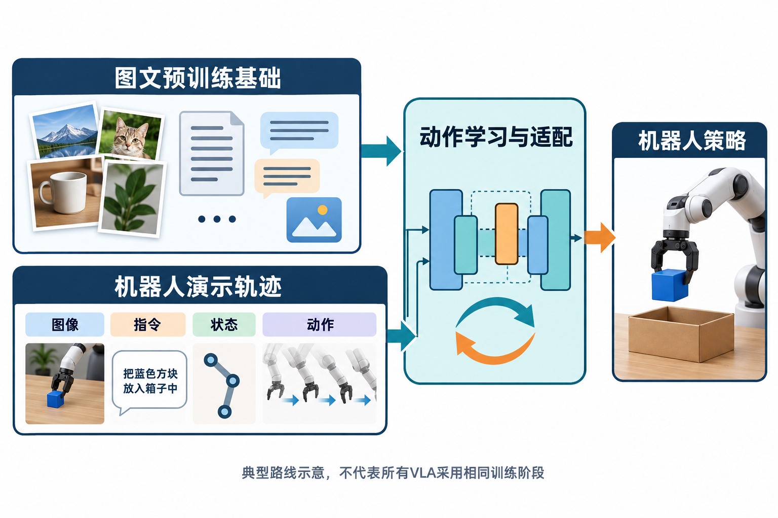 图文预训练基础与包含图像语言状态动作的机器人演示，共同支持动作学习和任务适配