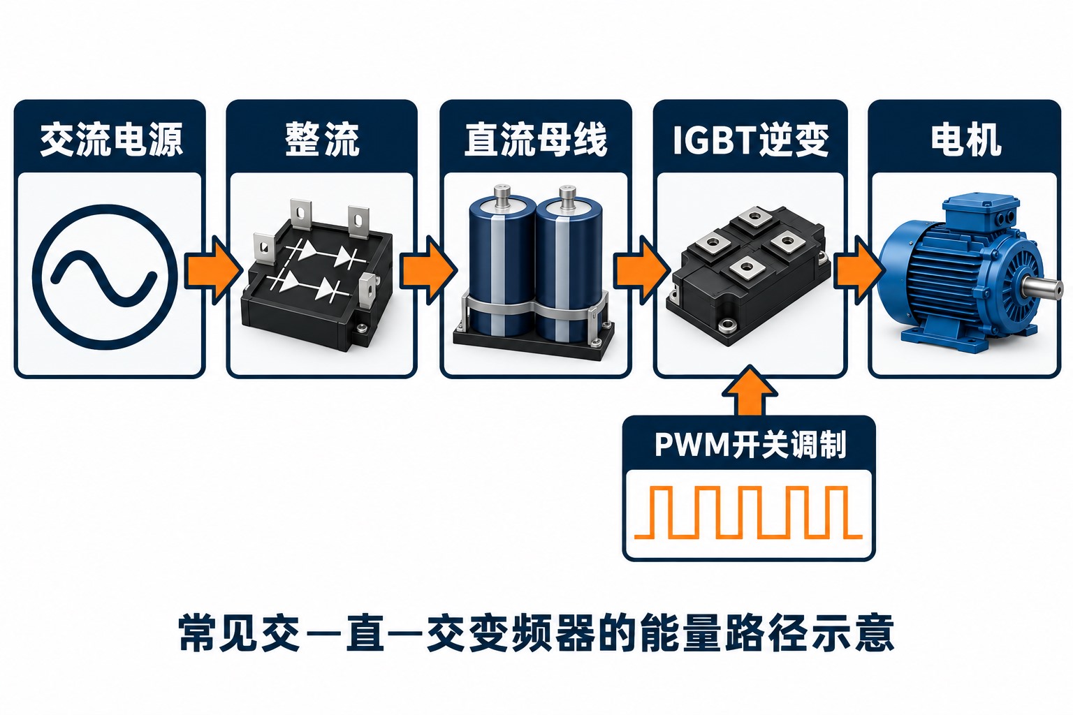 交流输入经过整流和直流母线，再由IGBT逆变级向电机供电的能量路径