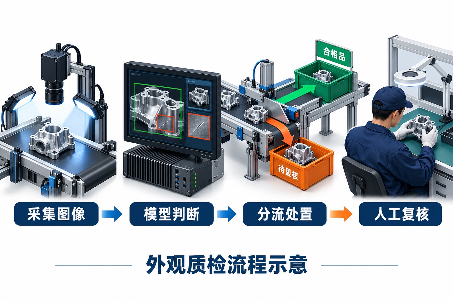 工件成像、模型判断、产线分流剔除与人工复核之间的流程关系