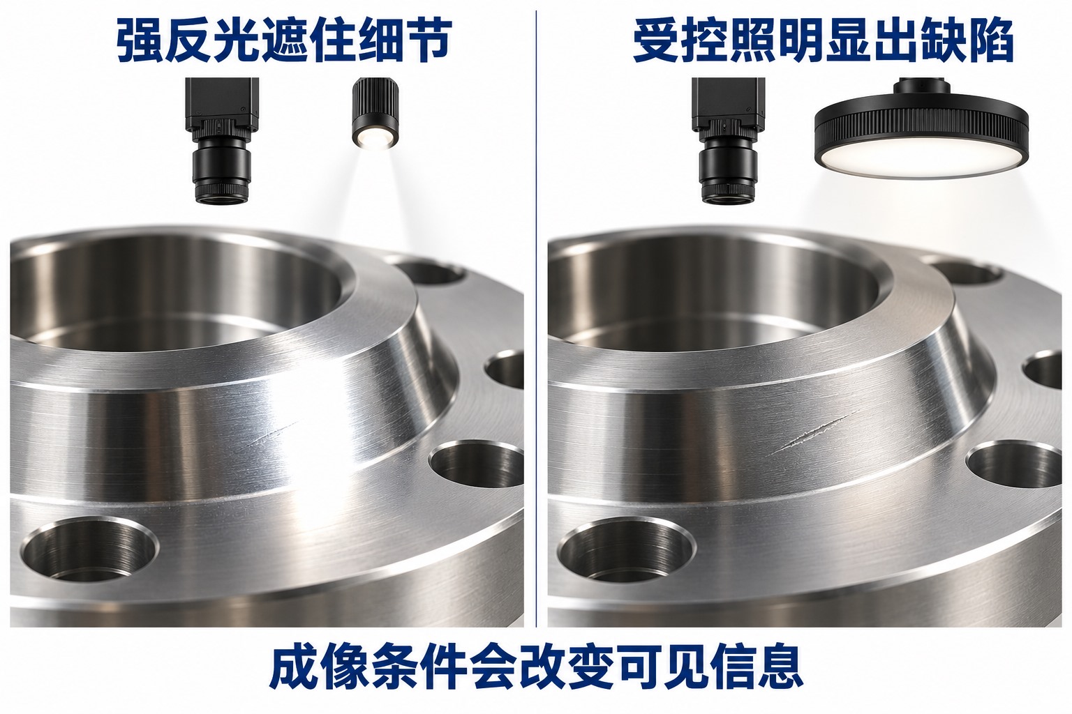 同一个金属工件在反光遮蔽和适当照明下呈现不同划伤可见程度的对照示意