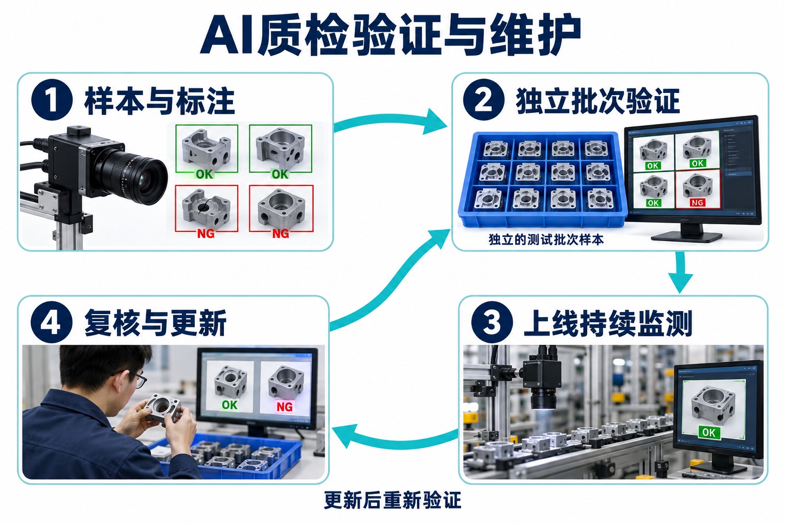 代表性样本建立、独立验证、上线监测和反馈后再次验证的持续流程