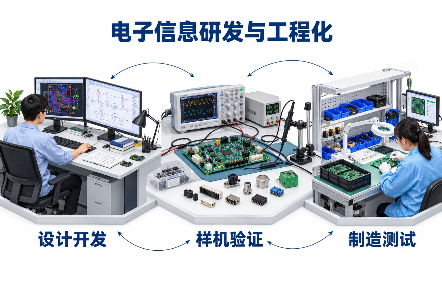 电子研发工作台、小批量试制工位与制造工程人员协作的深圳产业概念场景