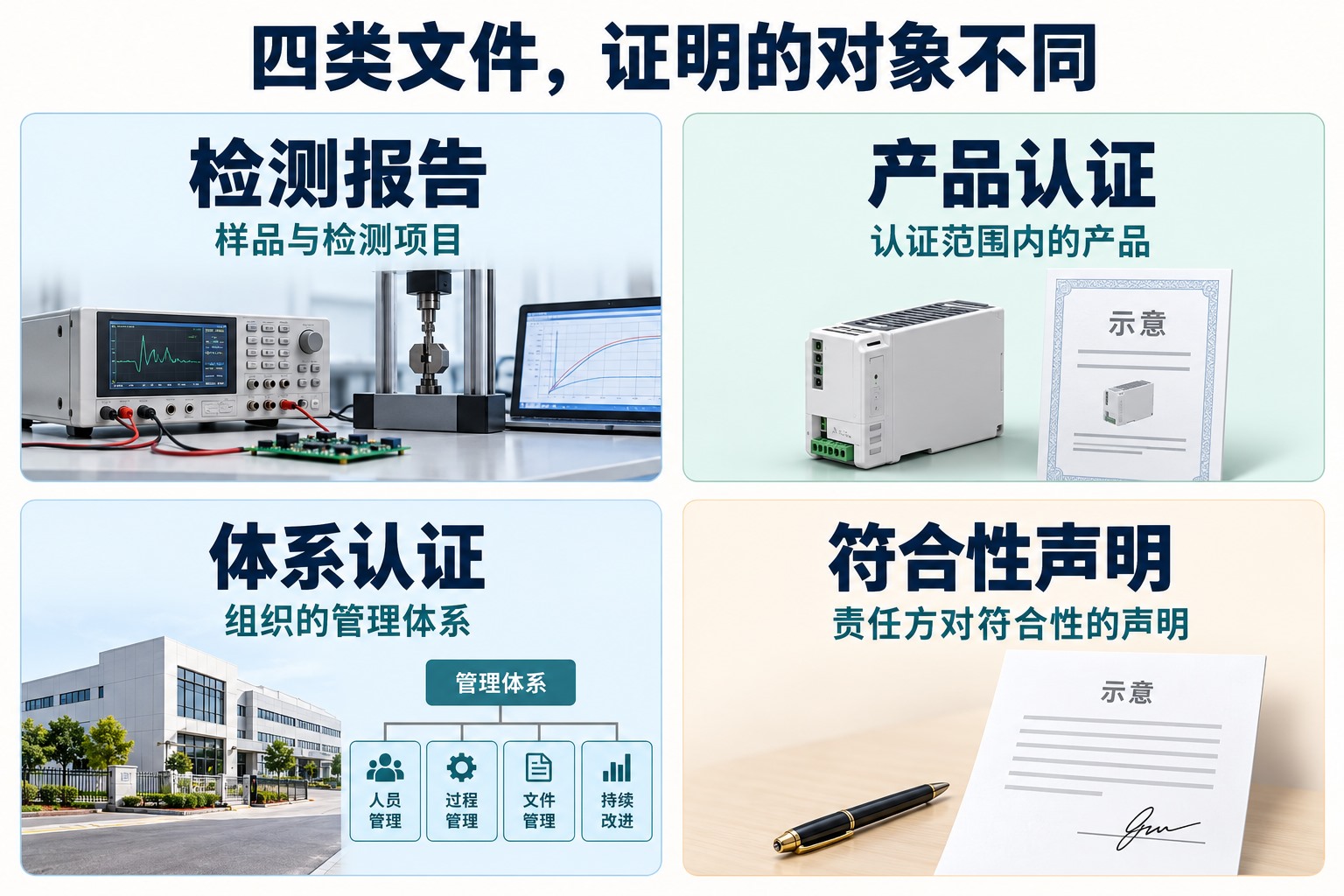 产品认证、检测报告、管理体系认证与符合性声明的评价对象区别示意
