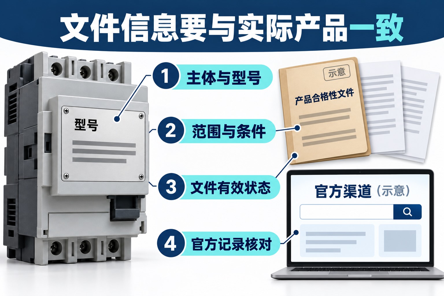 将产品铭牌、型号参数与官方认证记录和使用条件逐项核对的示意图