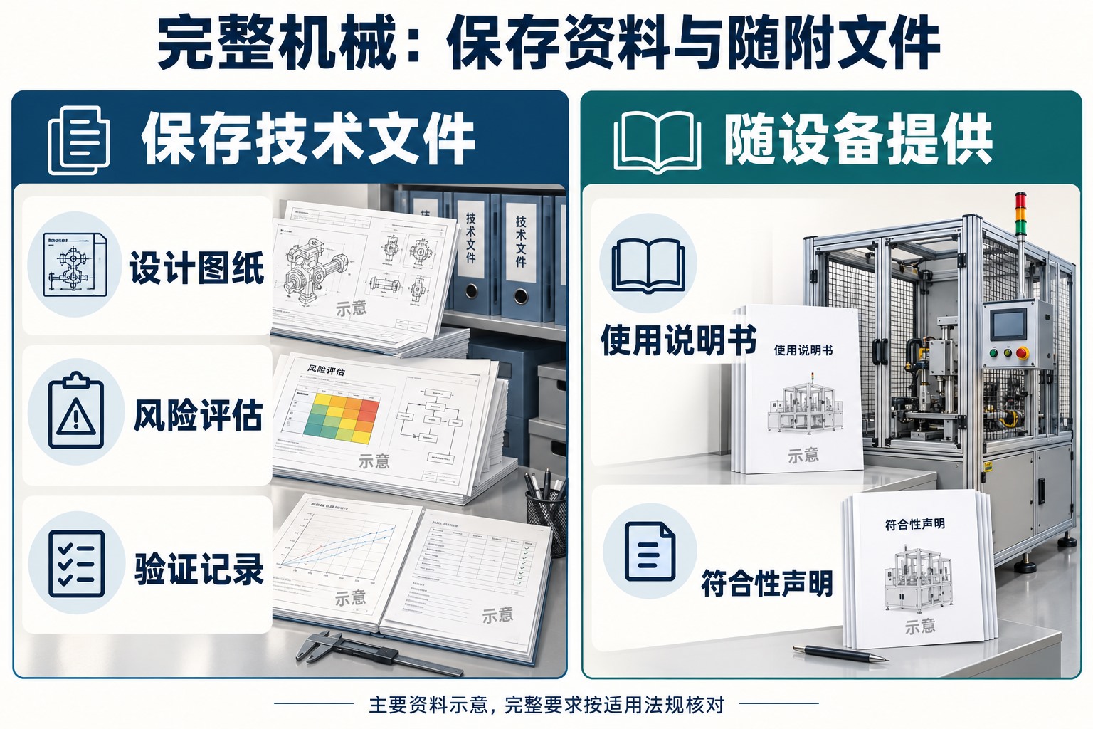 完整机械由制造商保存的技术档案与随设备提供资料的区分示意