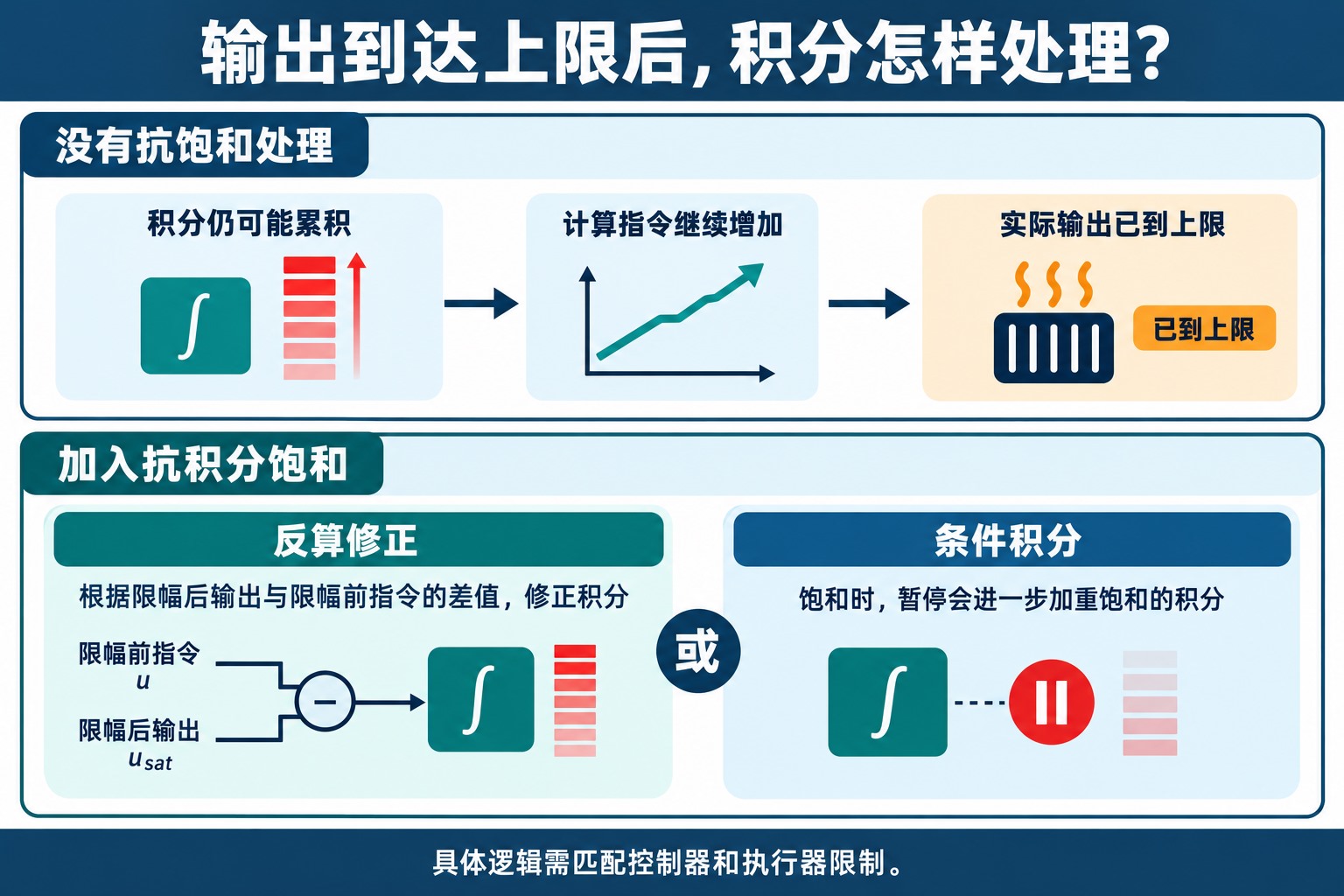 执行器输出达到上限后的积分累积与抗积分饱和处理示意