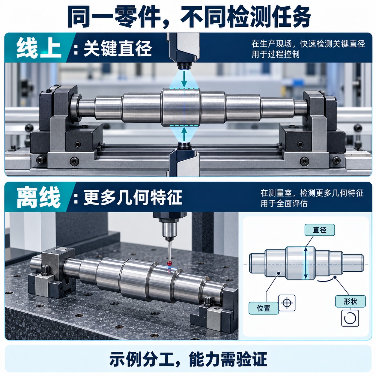 同一轴件在线检查关键外径与线边或测量室复核更多几何特征的分工示意