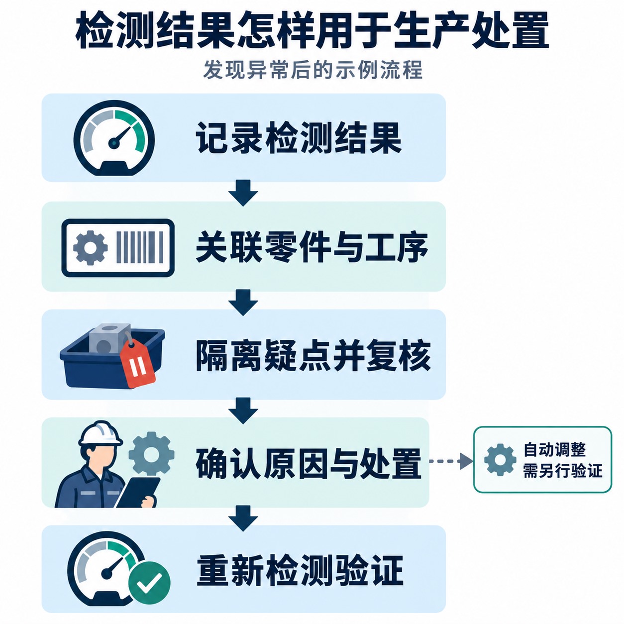 发现异常后隔离复核、确认原因并处置、再检测的流程示意