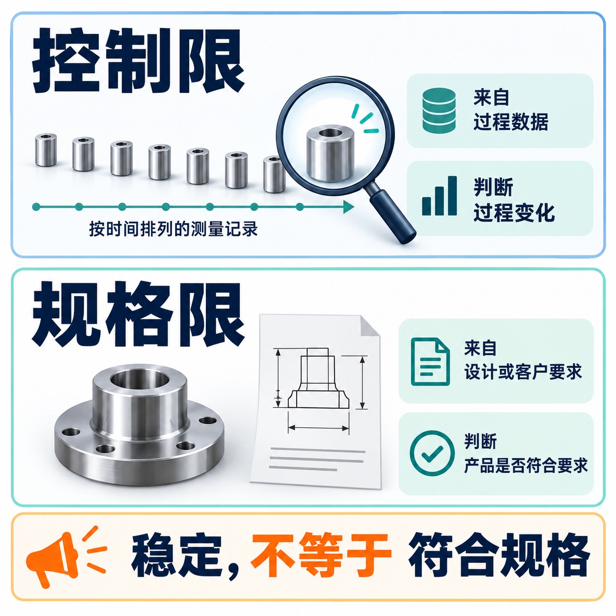 控制限用于观察过程稳定性、规格限用于判断产品特征符合性的区别示意