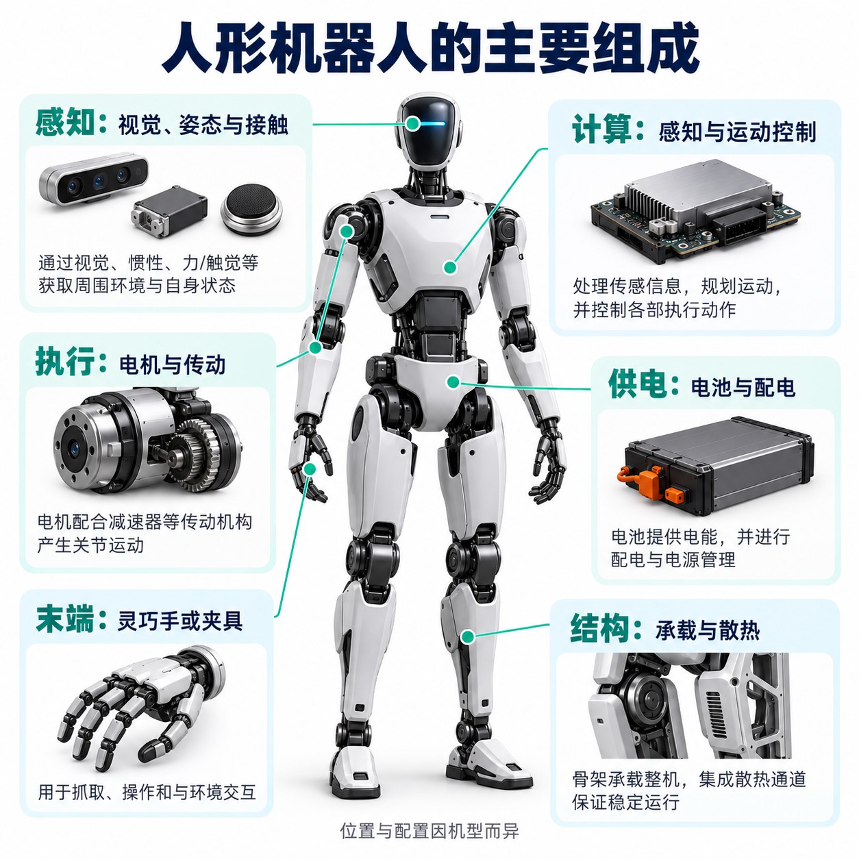 人形机器人关节、灵巧手、传感、计算供电和结构的功能分布示意