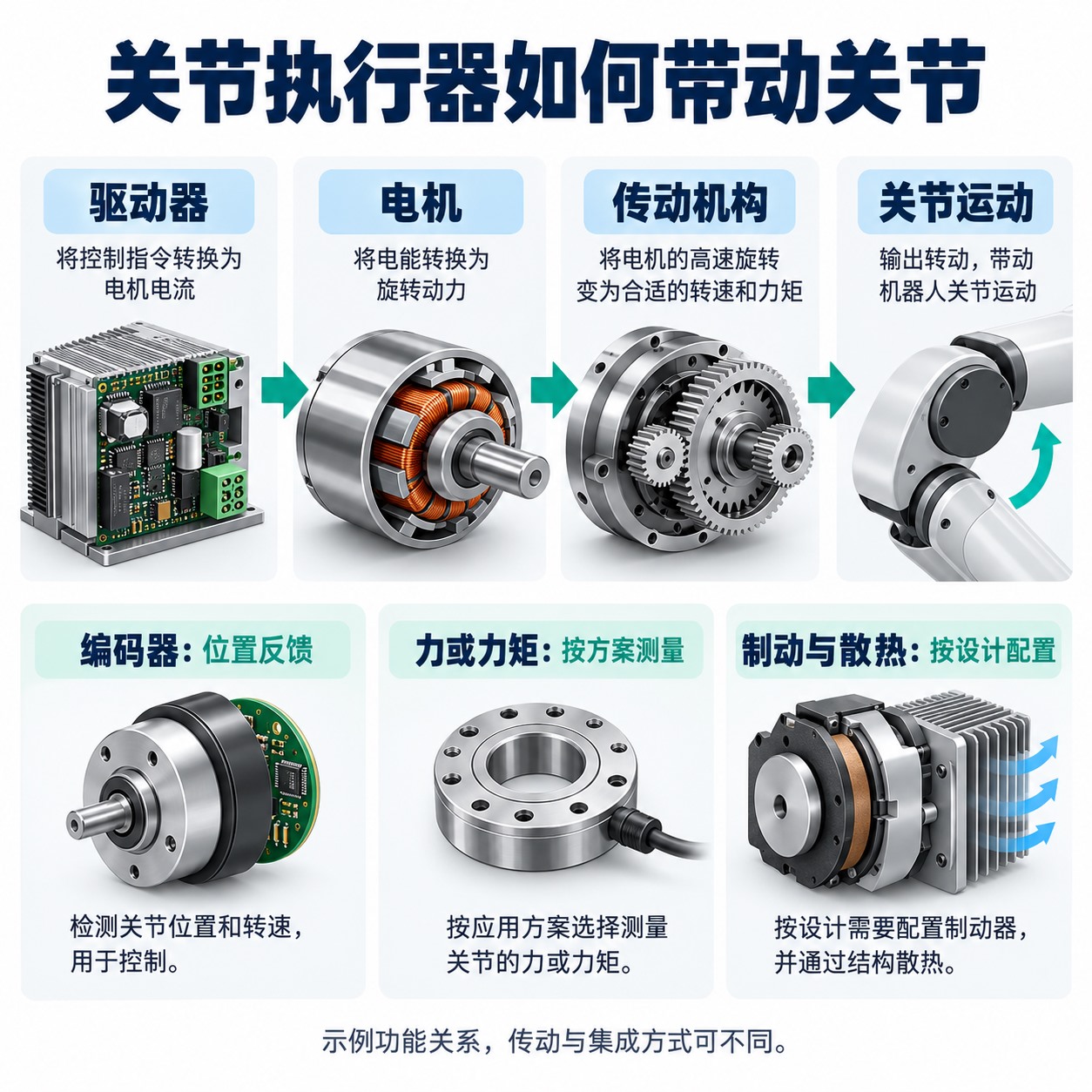 关节驱动器、电机、传动和位置力矩反馈之间的功能关系示意
