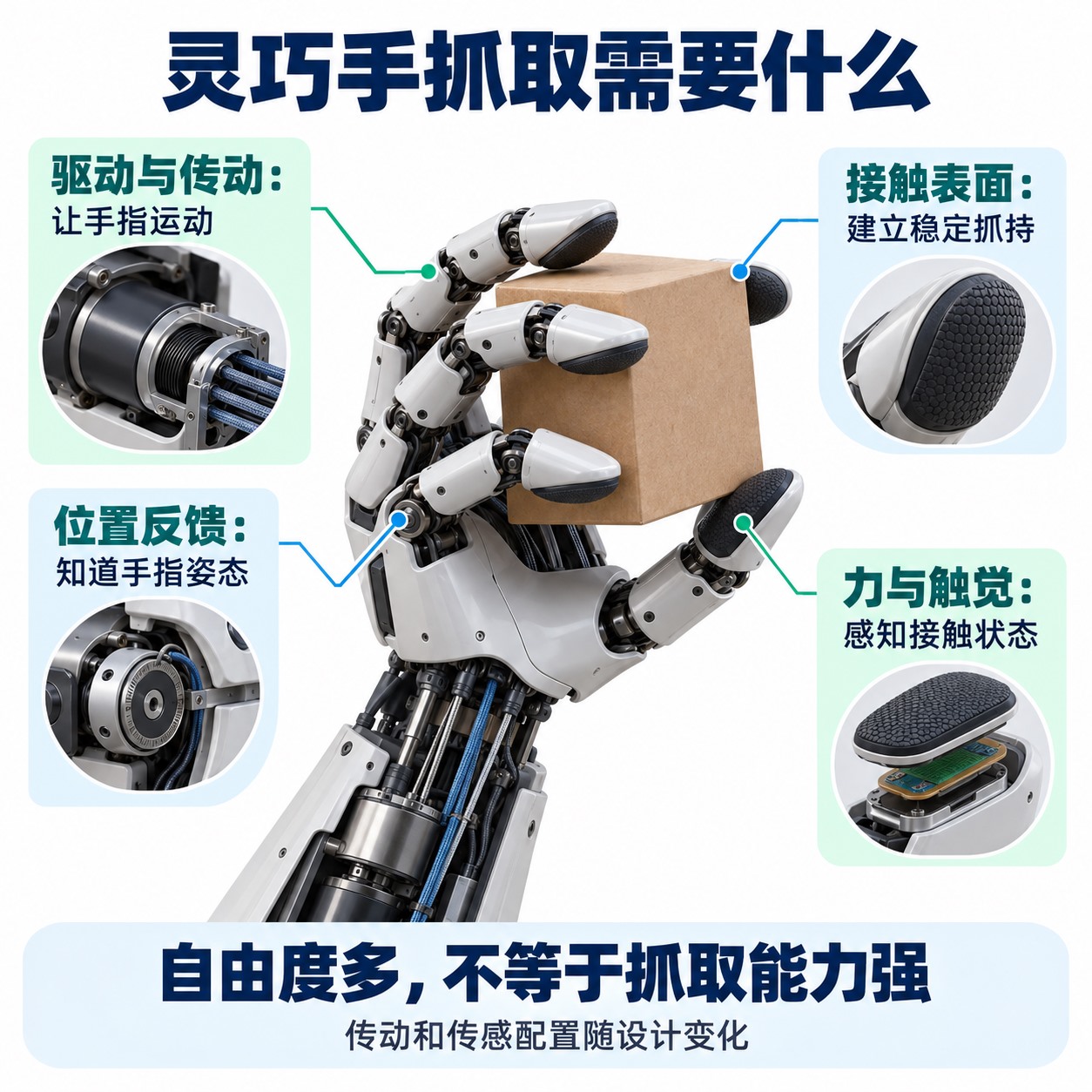灵巧手通过驱动与传动使手指接触物体并利用传感反馈调整抓取的示意