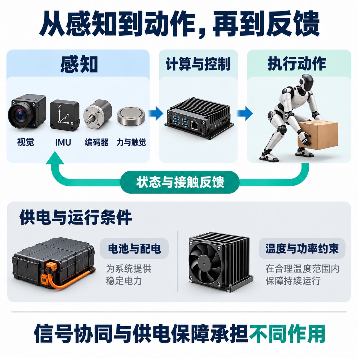人形机器人的感知、控制、执行反馈闭环与供电关系示意