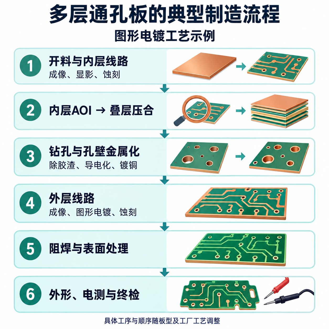 常规刚性多层通孔PCB从资料开料到成品检测的分阶段流程