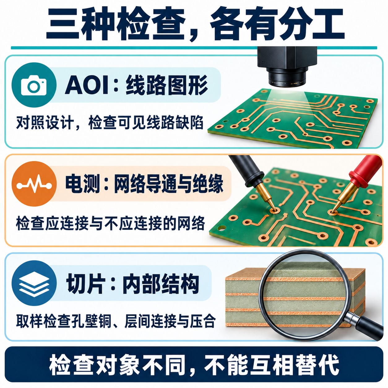 PCB的AOI图形检查、电测连接检查和取样切片截面检查对比